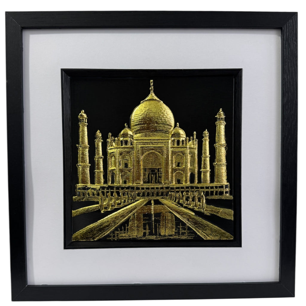 Taj Mahal wall art in a black frame with gold leaf Indian landmark 3D relief design by JP Designs