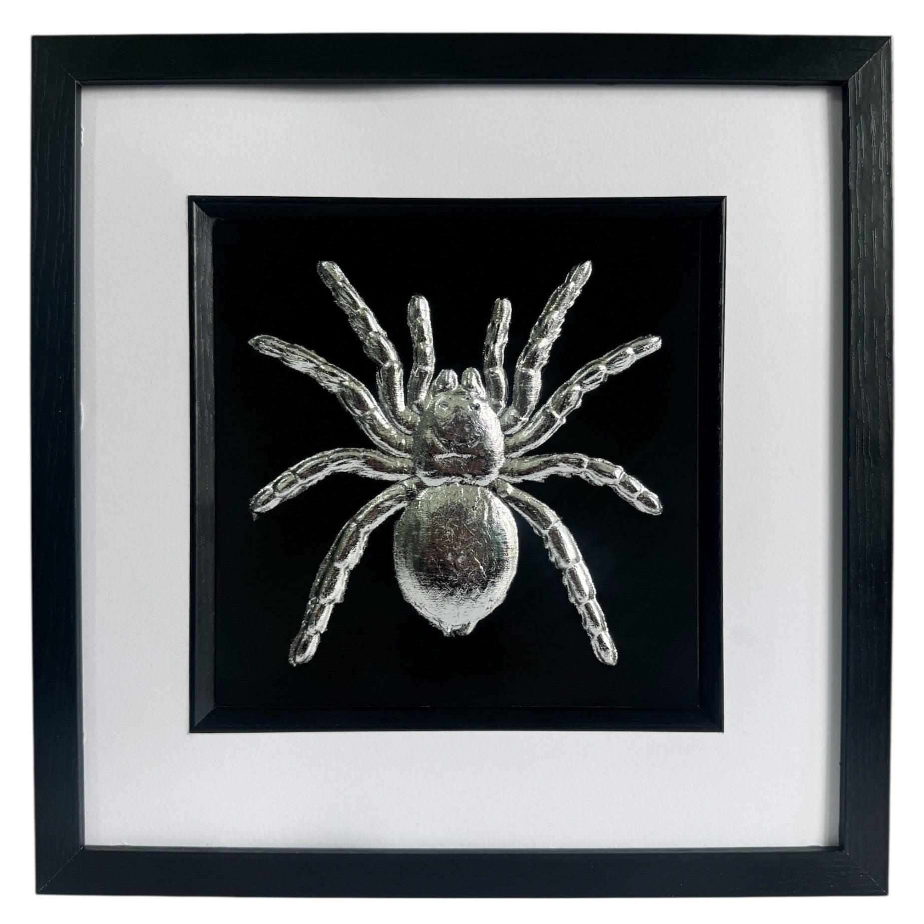 Front view of silver tarantula 3d wall art on black background