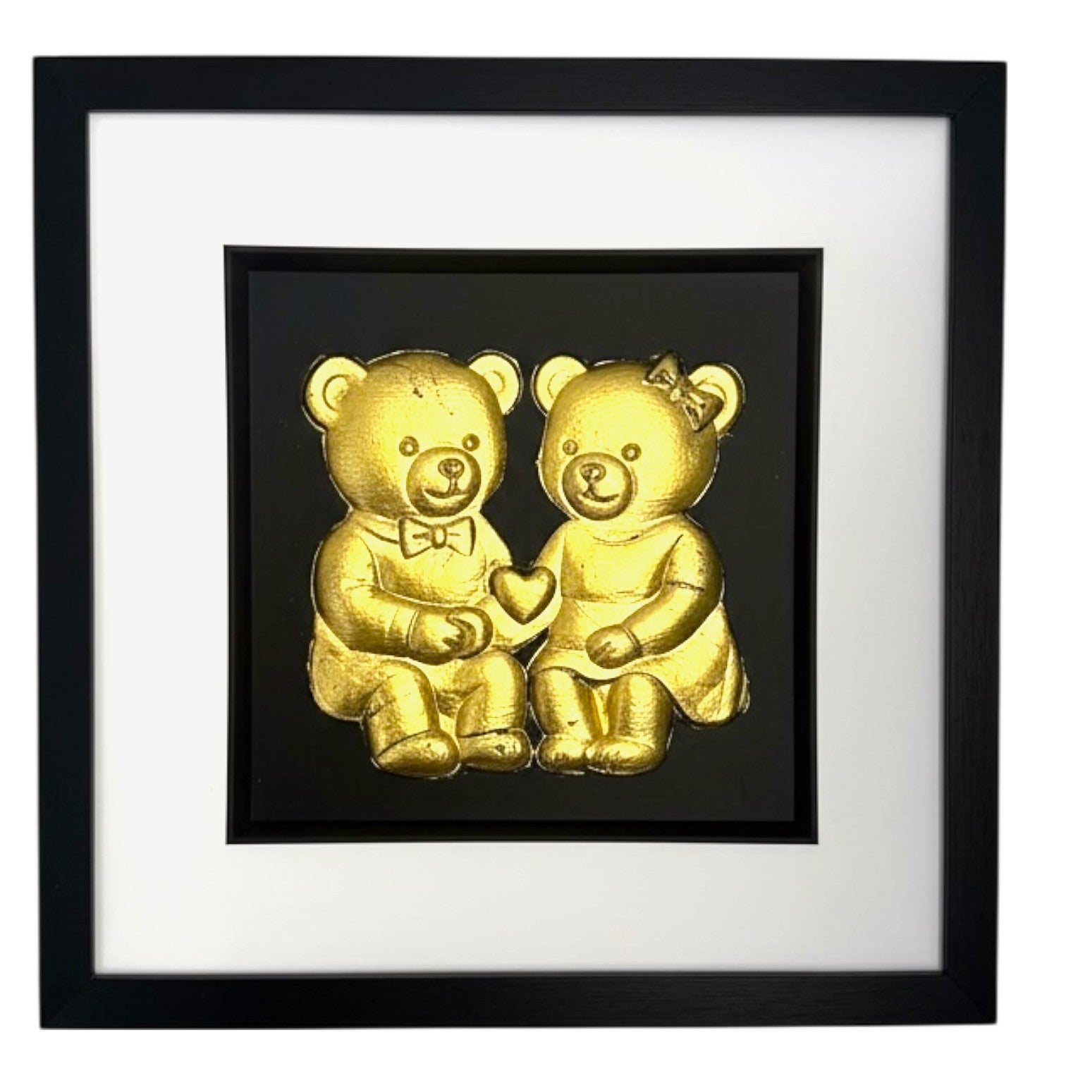 Teddy Bear Couple wall art in gold leaf with black frame and white mount