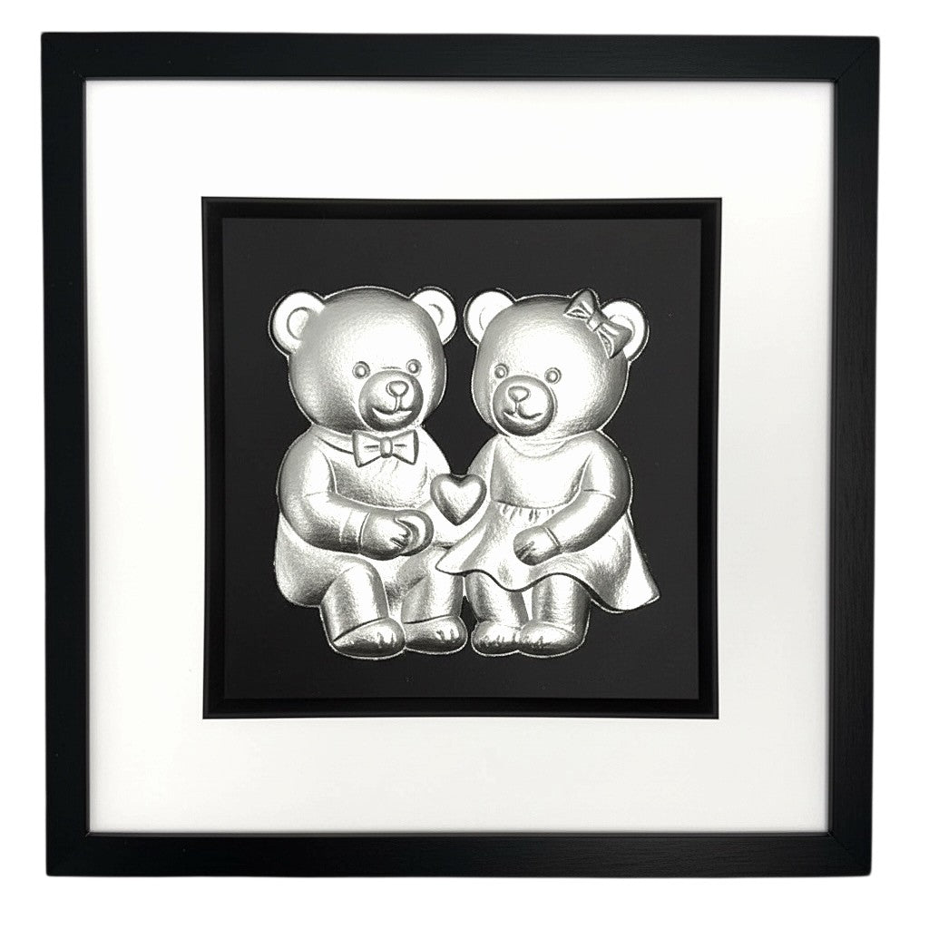 Silver leaf teddy bear couple artwork on black background