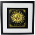 Direct front view of The Sun Tarot card in hand-applied gold leafing, focusing on the 3D sun rays and Major Arcana XIX detail.