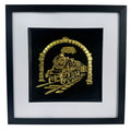 Front view of steam locomotive 3D relief artwork in Gold Leaf on black background with white mount in a black box frame
