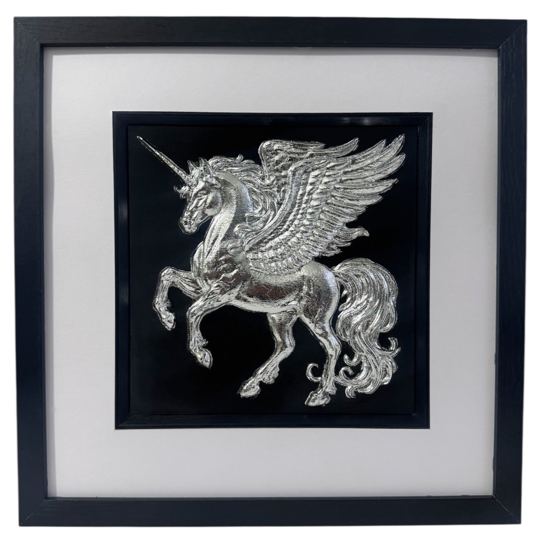 Silver winged unicorn wall art framed in black with white mount