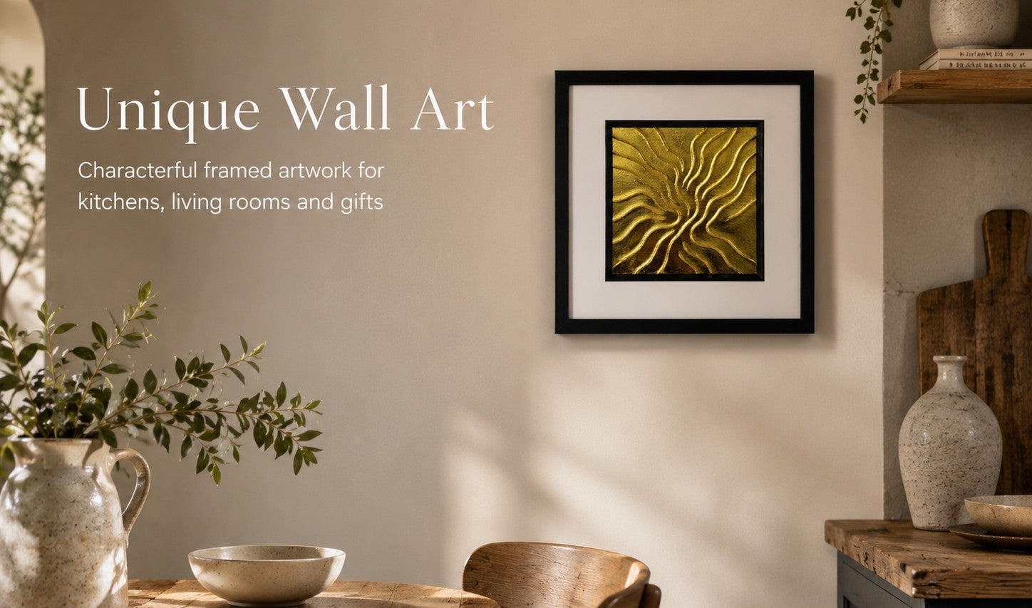 Premium Unique Wall Art hero banner showing a framed golden flow textured artwork, styled in a warm neutral home interior with natural wood, ceramic decor, soft daylight and elegant collection text.