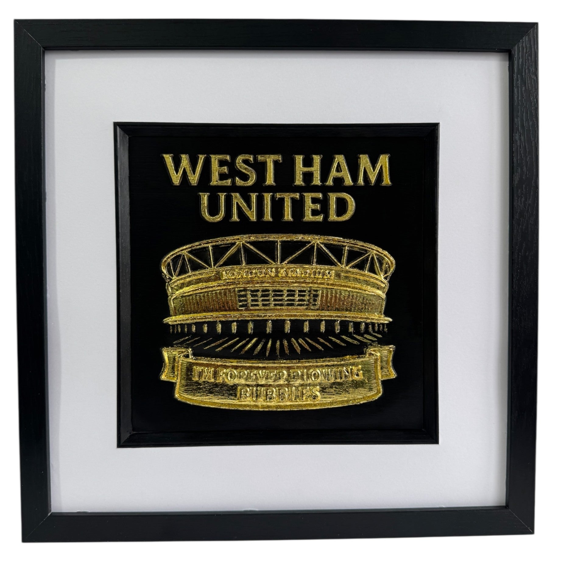 Personalised West Ham United London Stadium wall art in gold leaf with black frame and white mount