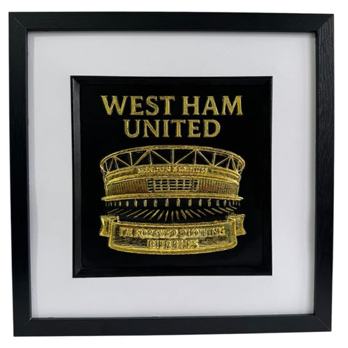 Personalised West Ham United London Stadium wall art in gold leaf with black frame and white mount