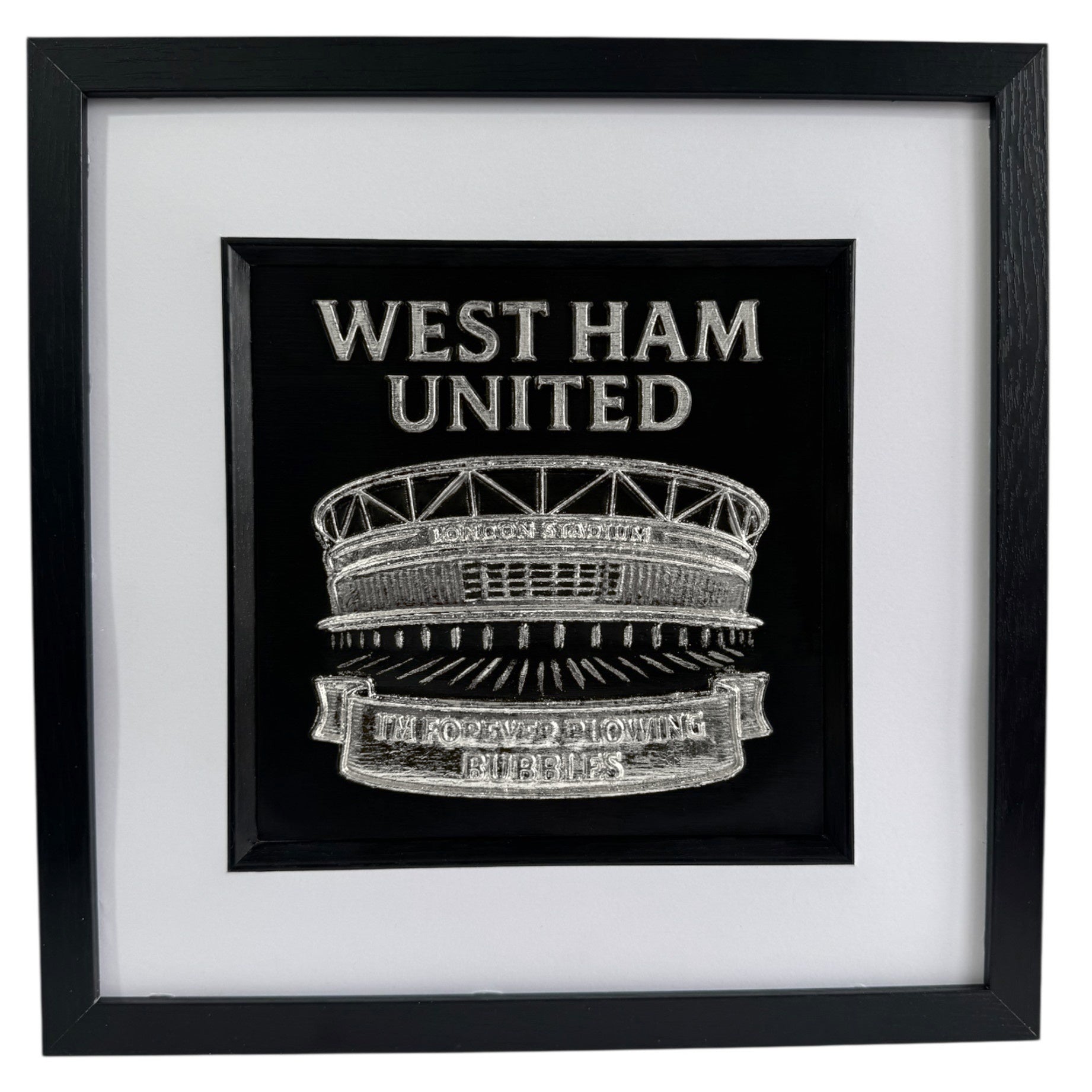 Personalised West Ham United London Stadium wall art in silver leaf with black frame and white mount
