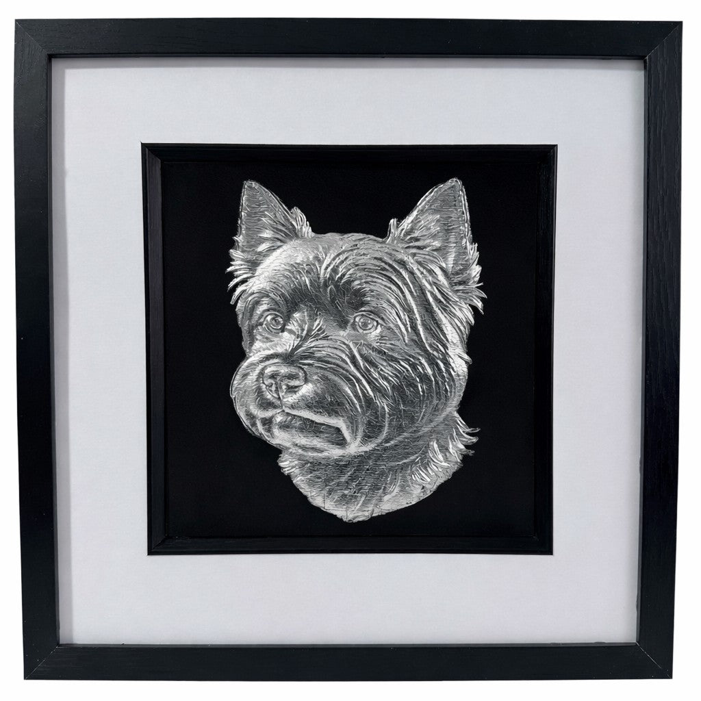 West Highland White Terrier framed wall art in silver leaf shown front on with black wooden frame white mount and black background