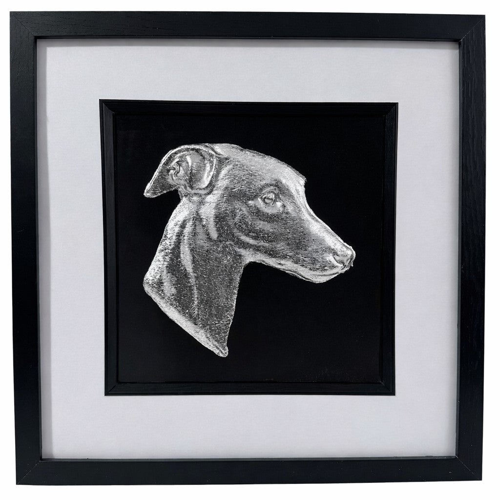 Silver leaf whippet framed wall art shown front on with black wooden frame and white mount