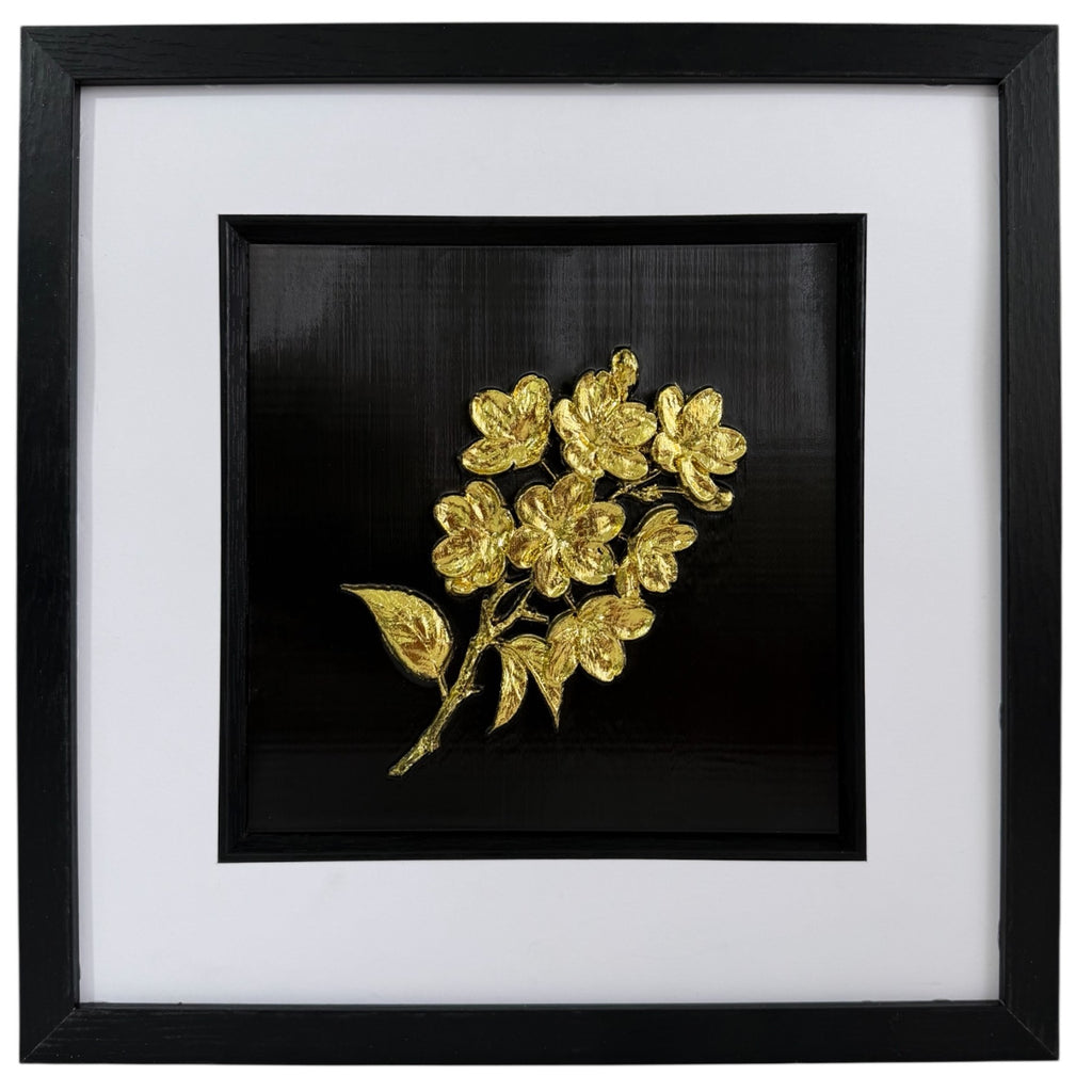 Straight-on gold 3D botanical flower bouquet artwork with raised metallic petals on a black centre panel