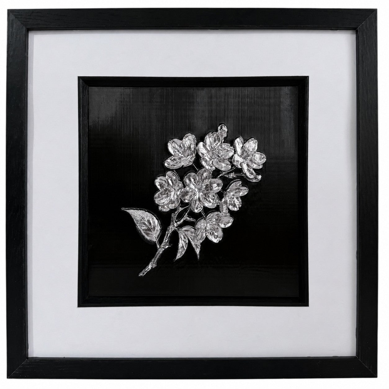 Straight-on silver 3D botanical flower bouquet artwork with raised metallic petals inside a black frame and white mount