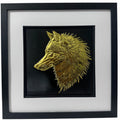 gold wolf head 3d wall art framed in black with white mount on black gothic gift background