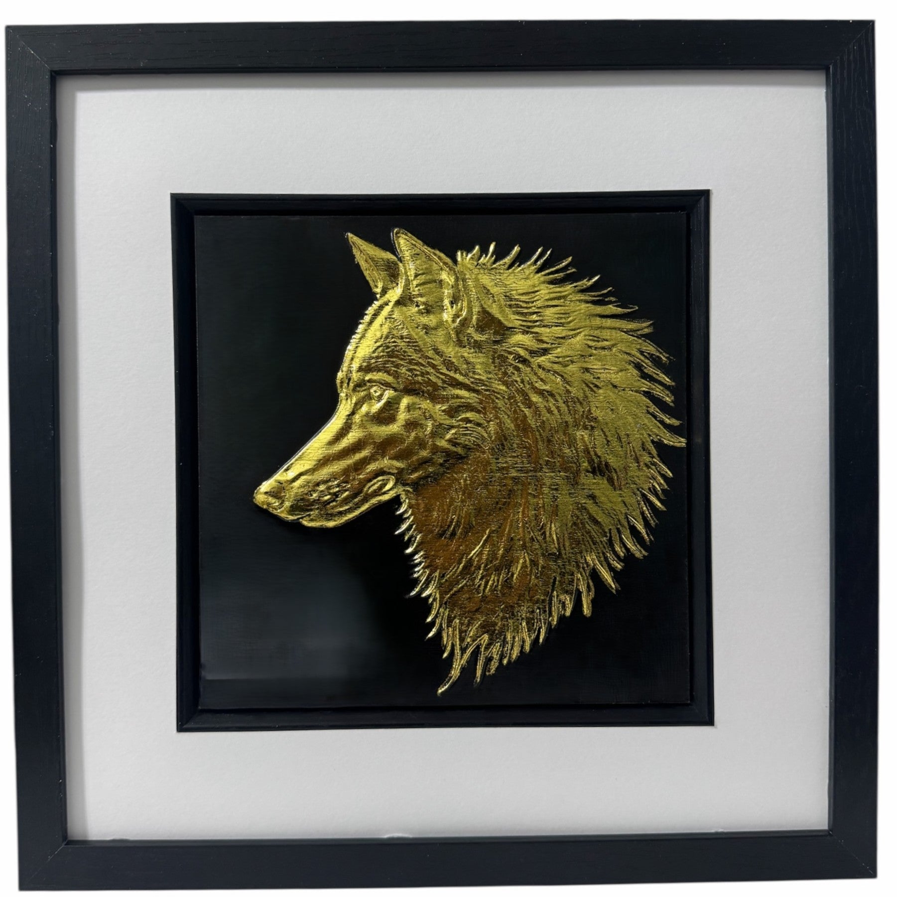 gold wolf head 3d wall art framed in black with white mount on black gothic gift background