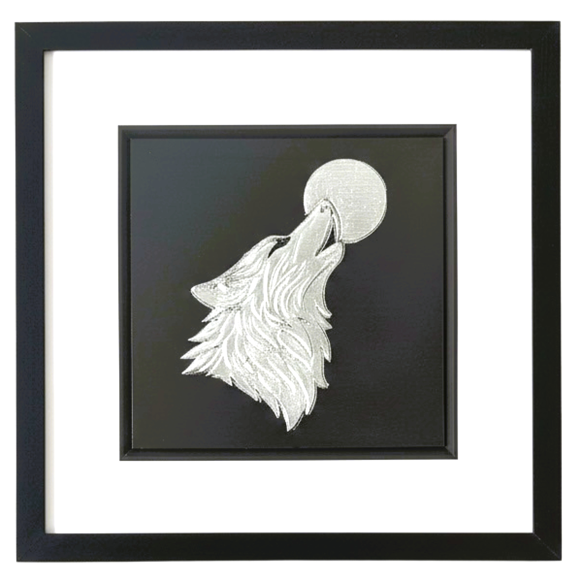 Front-facing wolf howling at the moon artwork with black background and white mount