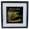 Gold Wolves 3D relief stadium artwork with “WOLVES” text and “THE OLD GOLD” banner, front view in black frame with white mount