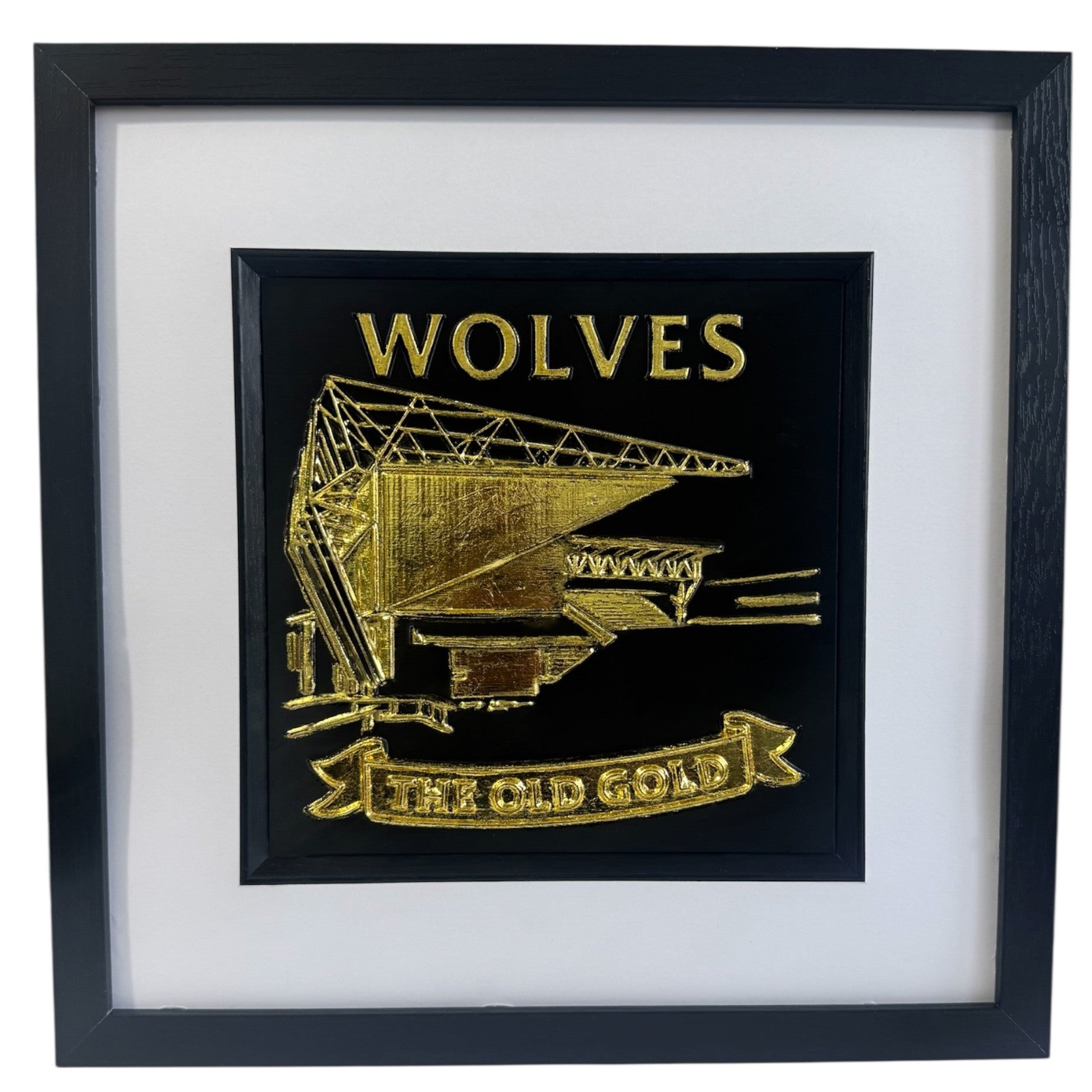 Gold Wolves 3D relief stadium artwork with “WOLVES” text and “THE OLD GOLD” banner, front view in black frame with white mount