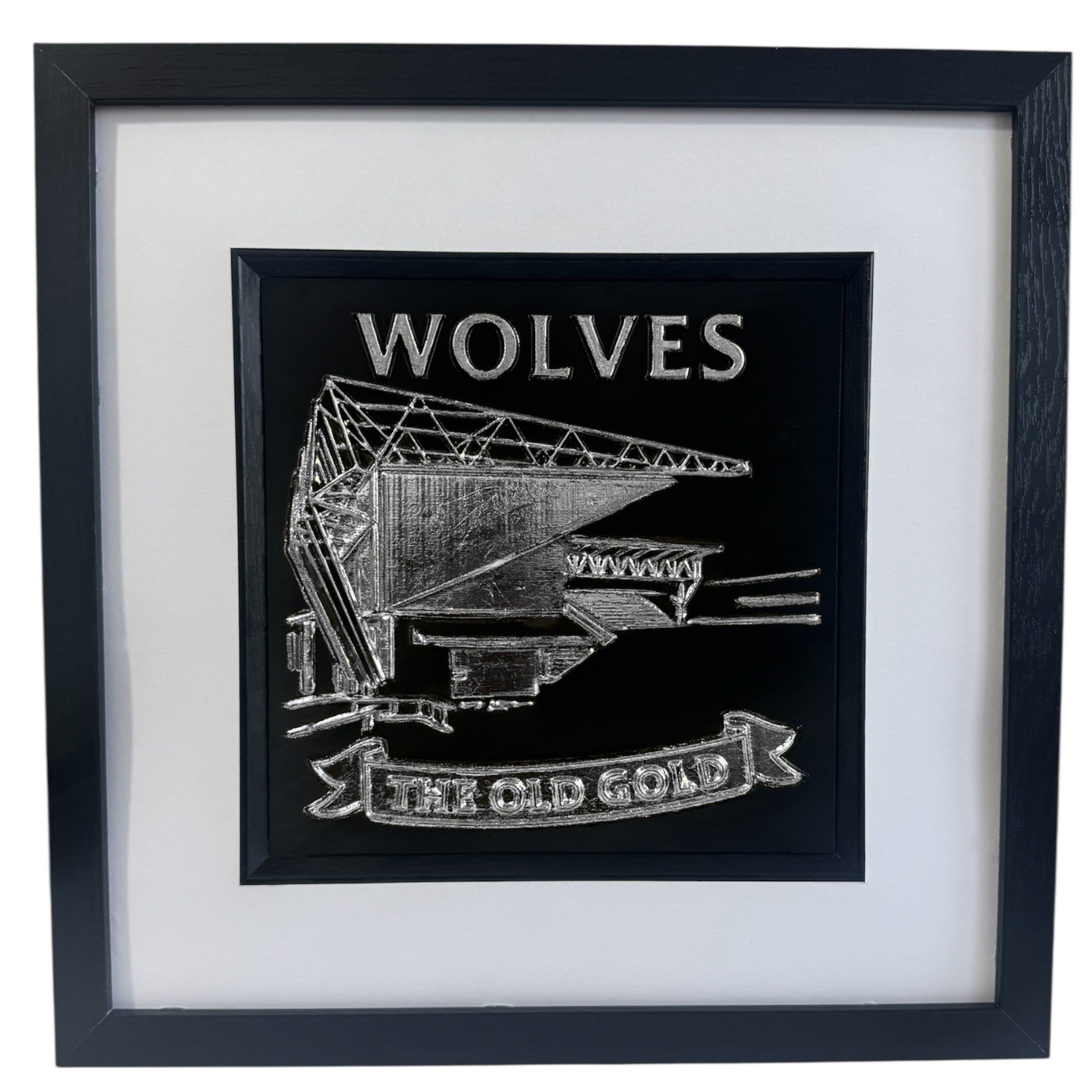 Silver Wolves 3D relief stadium artwork with “WOLVES” text and “THE OLD GOLD” banner, front view in black frame with white mount