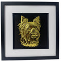 Front view of Yorkshire Terrier gold leaf wall art with bandana in black frame and white mount