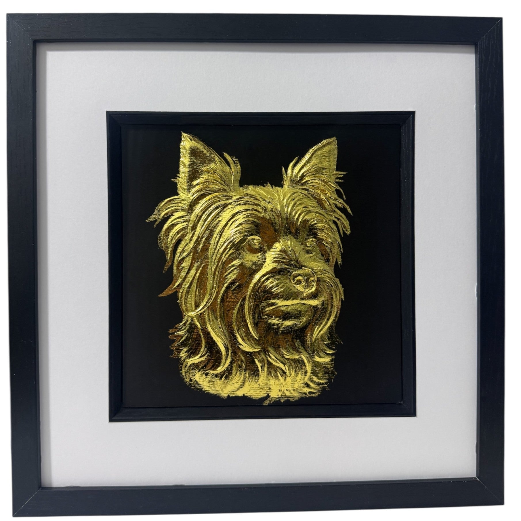 Front view of Yorkshire Terrier gold leaf wall art with bandana in black frame and white mount