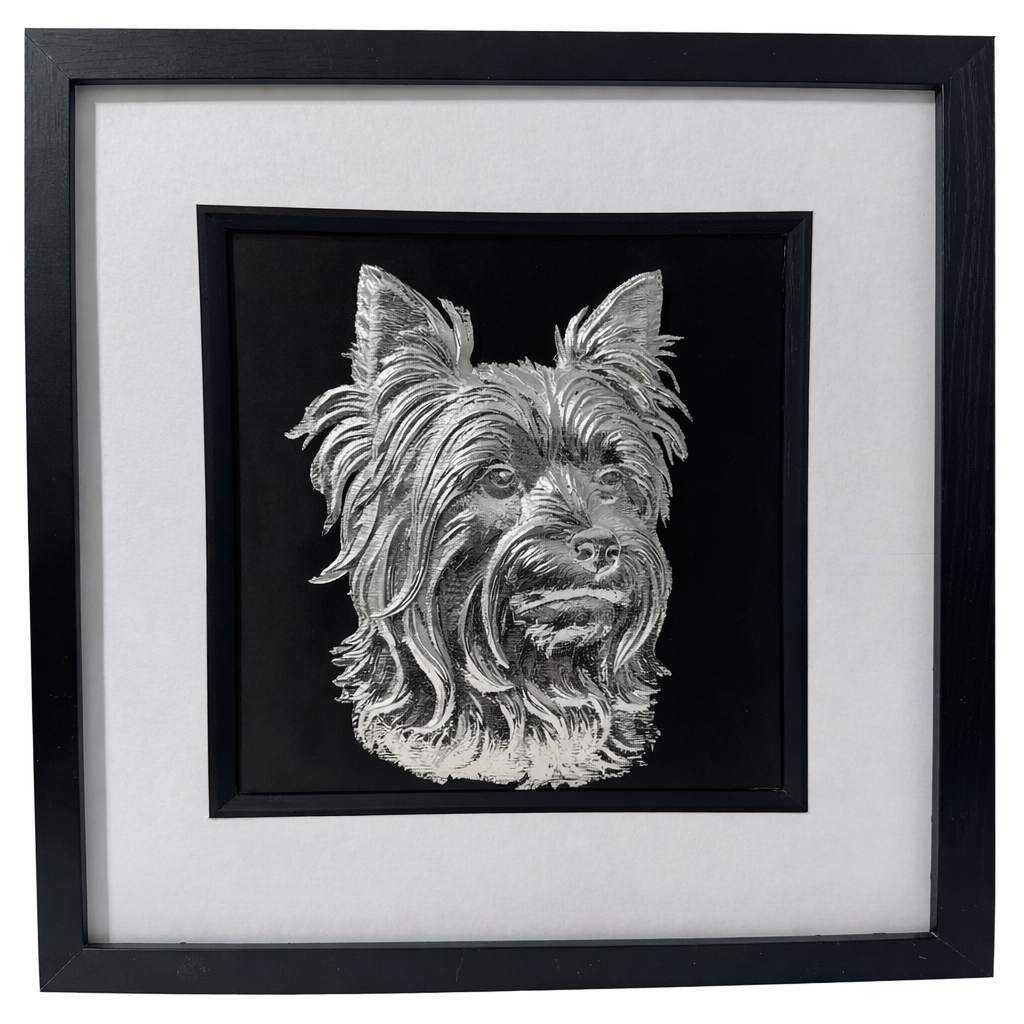 Yorkshire Terrier silver leaf framed wall art with bandana front facing black frame white mount