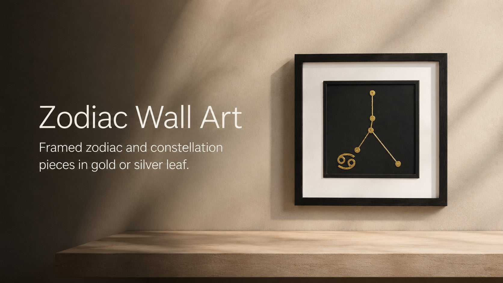 Zodiac wall art collection banner featuring framed gold leaf Cancer constellation wall art by JP Designs